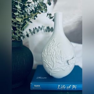 Vintage White Ceramic Floral Bottle Neck Vase with Raised Butterfly